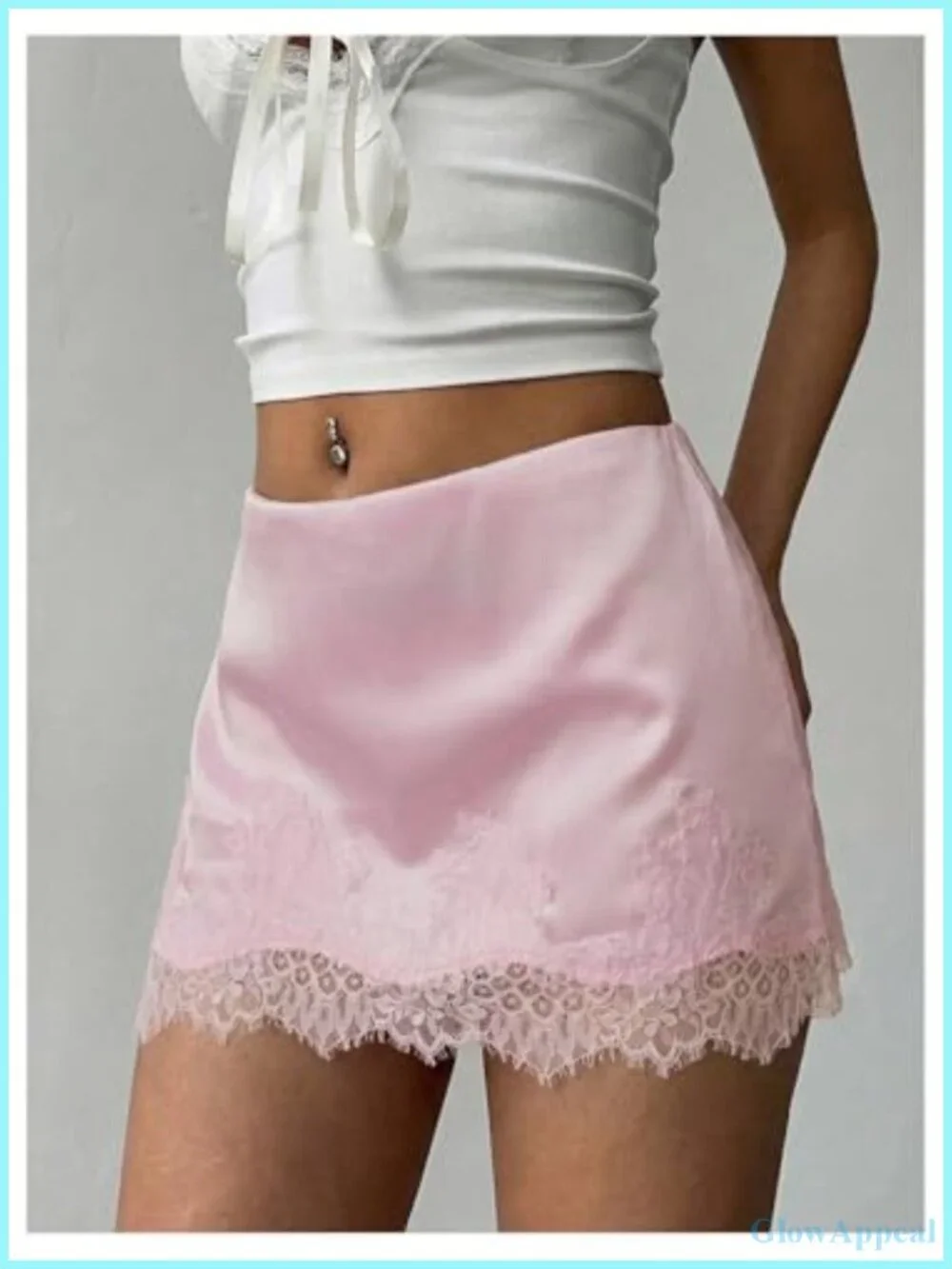 Satin Lace Trim Low Rise Patchwork Mini Skirt Streetwear Rave